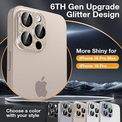 YWXTW for iPhone 16 Pro/iPhone 16 Pro Max Camera Lens Protector, [New Glitter Design] Full Bling Sparkly Diamond Tempered Glass Screen Protector Metal Camera Cover Accessories (Desert Titanium)