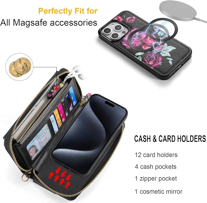 Crossbody Wallet Case for iPhone 16 Pro Max, Magnetic Detachable Floral PU Leather Phone Case with RFID Blocking Card Holder Wristlet Mirror Flip Zipper Shoulder Purse for Women - Black F