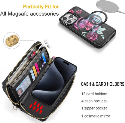 Crossbody Wallet Case for iPhone 16 Pro Max, Magnetic Detachable Floral PU Leather Phone Case with RFID Blocking Card Holder Wristlet Mirror Flip Zipper Shoulder Purse for Women - Black F