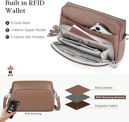 befen Genuine Leather Crossbody Purses for Women Small Crossbody Bags Purse with Built in RFID Blocking Wallet