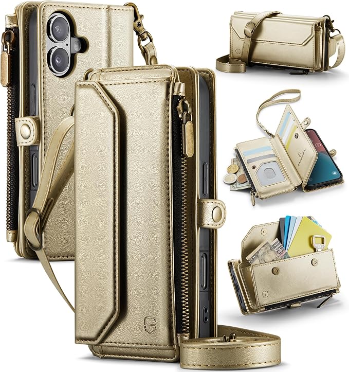 Strapurs Wallet Case Compatible with iPhone 16 6.1" RFID Blocking 7-Card Holder Soft PU Leather Magnetic Snap Shoulder Strap Zipper Pocket Phone Case Fit for iPhone 16 for Women - Gold
