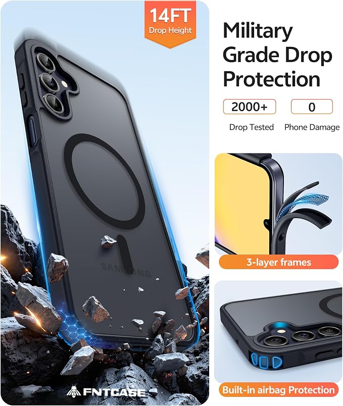 FNTCASE for Galaxy A15 5G Phone Case, Screen Protector, Black | Translucent Matte Magnetic Back, 14FT Military Grade Drop Protection, Shockproof Protective, for Samsung A 15 Cover