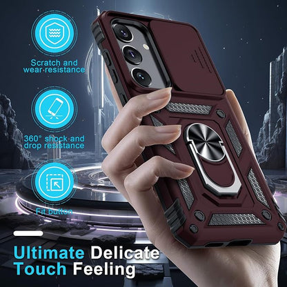 Janmitta Compatible with Samsung Galaxy S25 Plus/S24 Plus Case Built in Slide Camera Lens Cover+Screen Protector+Finger Ring Holder Kickstand,Heavy Duty Shockproof Full Body Phone Cover,Wine Red