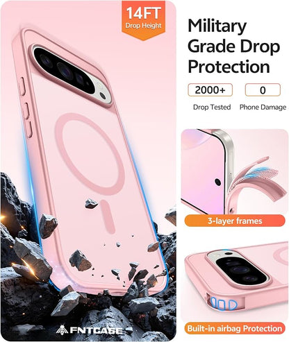 FNTCASE for Google Pixel 10 Pro XL Case: for Pixel 9 Pro XL Case [Fit for Magsafe] Translucent Matte [with Screen Protector] Military Grade Shockproof Protective Magnetic Phone Cover (6.8inch - Pink)