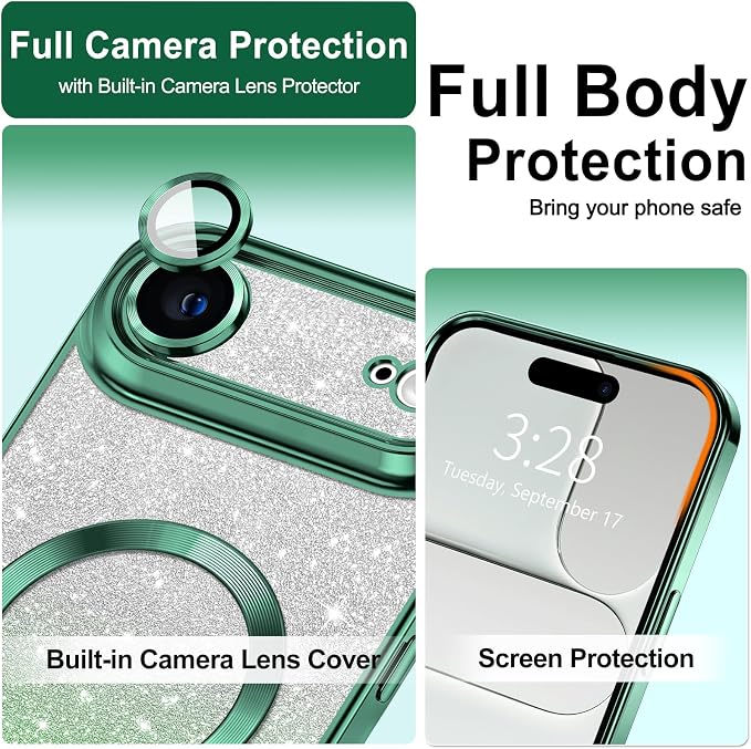 Hython for iPhone Air Case Glitter Clear Magnetic Phone Cases [Compatible with MagSafe] Full Camera Lens Protector Sparkle Luxury Plating Slim Shockproof Protective Cover Women, Gradient Green