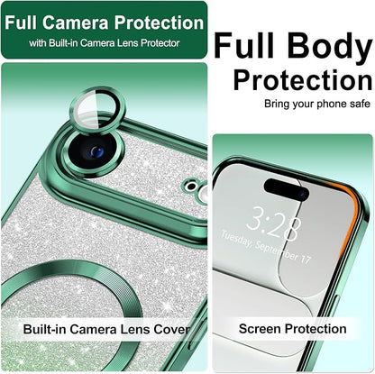 Hython for iPhone Air Case Glitter Clear Magnetic Phone Cases [Compatible with MagSafe] Full Camera Lens Protector Sparkle Luxury Plating Slim Shockproof Protective Cover Women, Gradient Green