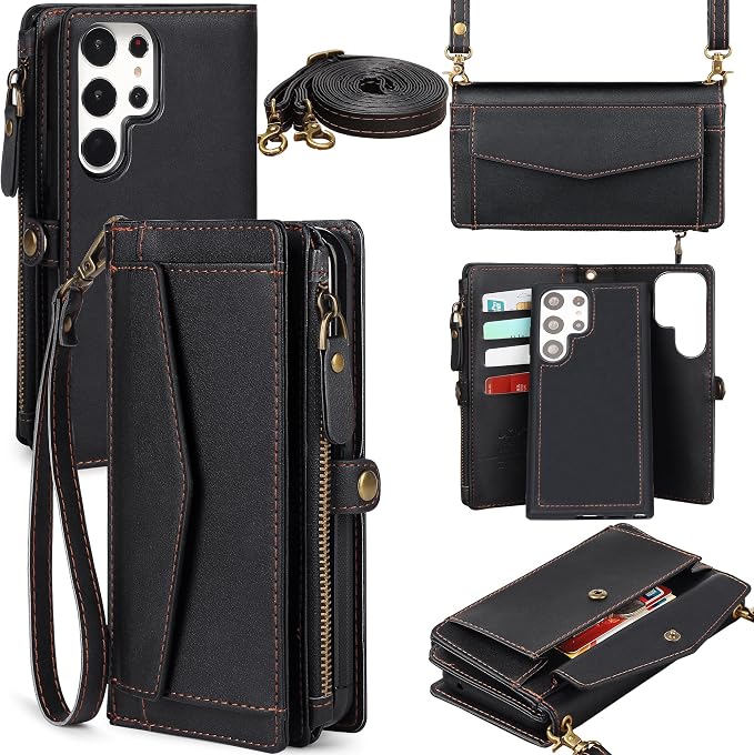 for Samsung Galaxy S25 Ultra Wallet Case for Women Men, Wireless Charging with RFID Blocking Card Holder, PU Leather Crossbody Strap Detachable Magnetic Phone Shell Purse, Black