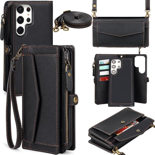 for Samsung Galaxy S25 Ultra Wallet Case for Women Men, Wireless Charging with RFID Blocking Card Holder, PU Leather Crossbody Strap Detachable Magnetic Phone Shell Purse, Black