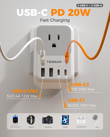 New Zealand Power Adapter 2 Pack, TESSAN PD 20W US to Australia Plug Adapter with 4 AC Outlets 4 USB Ports (2 USB C), Type I Travel Adaptor for USA to Australian Argentina China Fiji AU NZ Samoa