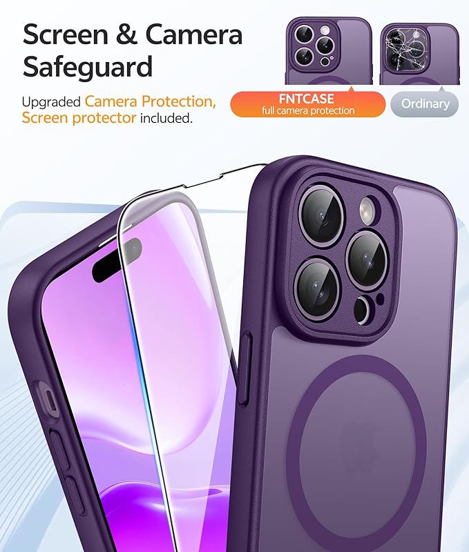 FNTCASE for iPhone 14 Pro Case: [Compatible with Magsafe] Translucent Matte Cases with [Full Camera Protection] [Screen Protector] Military Grade Shockproof Protective Phone Cover - Purple