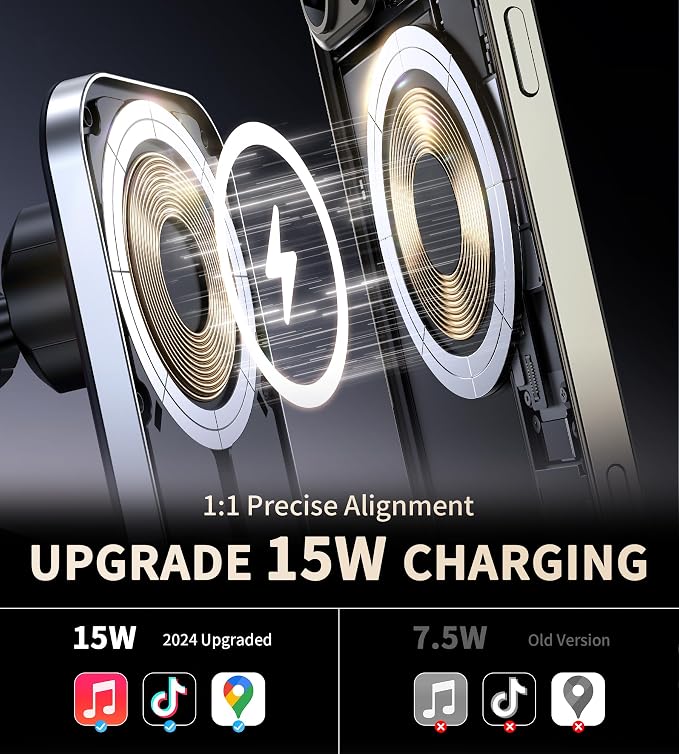 for MagSafe Car Mount Charger with Adapter, 360° Rotation Magnetic Wireless iPhone Car Charger for Air Vent, Compatible with iPhone 17/16/15/14/13/12 Series (Carbon Black)