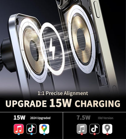 for MagSafe Car Mount Charger with Adapter, 360° Rotation Magnetic Wireless iPhone Car Charger for Air Vent, Compatible with iPhone 17/16/15/14/13/12 Series (Carbon Black)