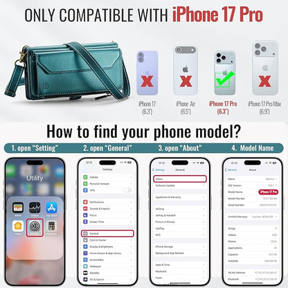 Strapurs Wallet Case Compatible with iPhone 17 Pro 6.3" RFID Blocking 9-Card Holder Soft PU Leather Magnetic Snap Shoulder Strap Zipper Pocket Phone Case Fit for iPhone 17 Pro for Women - Blue Green