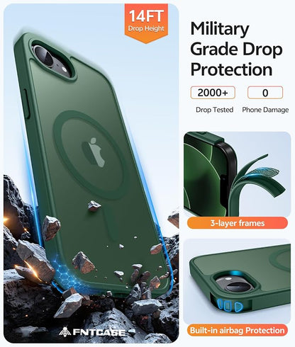 FNTCASE for iPhone 17e Case: iPhone 16e Phone Case [Compatible with Magsafe] Translucent Matte Cases with [Screen Protector] Military Grade Shockproof Protective Phone Cover - Green