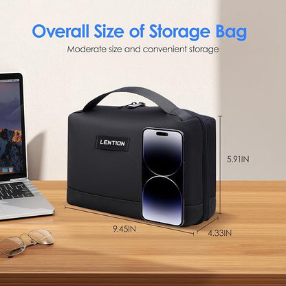 LENTION Premium Waterproof Electronics Organizer Travel Bag with Handle | Large Multi-Compartment Carry Case Fits Tablet, Chargers, Cables, Airpods & Hard Drives to Organize Small Tech Accessories