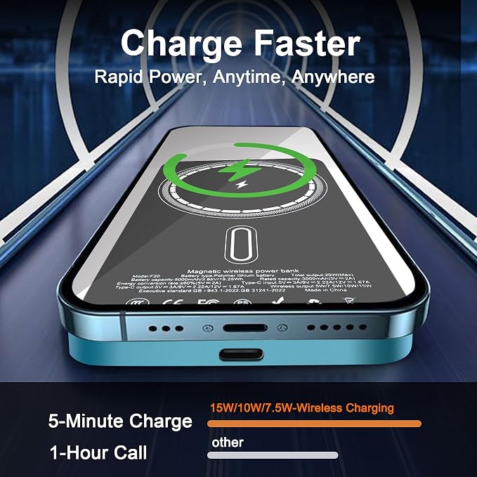 Magnetic Portable Charger 5000mAh, 15W Ultra Slim Wireless Portable Charger, Fast Charging for iPhone 17/16/15/14/13/12 Pro/Pro Max/Plus, Metal Shell, USB-C Cable to Charge Other Phones (Blue)