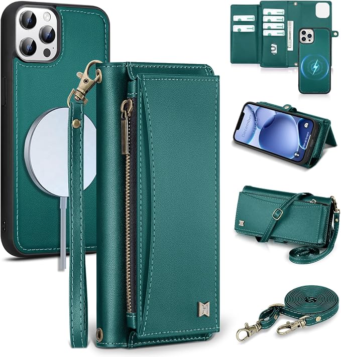 Wallet Case for iPhone 12 Pro Max with Card Holder/Crossbody Wallet/Strap| RFID Blocking | Magnetic | Kickstand | Detachable | PU Leather Phone Case for iPhone 12 Pro Max,6.7 in,Green
