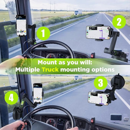 Cell Phone Mount for Truck Phone Holder for Truck Drivers - Heavy Duty Suction Cup + Dashboard Pad, iPhone Holder for Dashboard Window 16.9 inch Long, for iPhone & Samsung, Commercial Trucker, Black