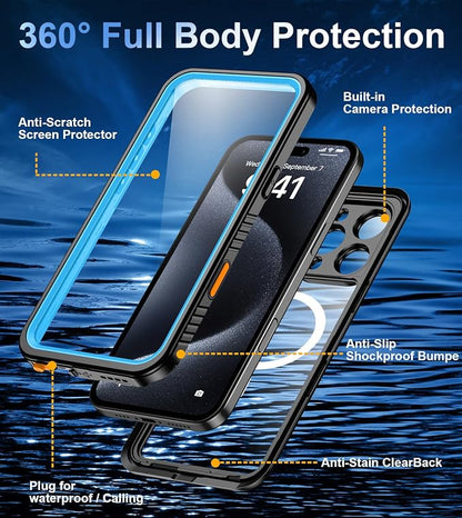 Oterkin Waterproof Case for iPhone 16 Pro Max Case Compatible with MagSafe,Full Body Rugged 16 Pro Max Phone Case with Built-in HD Screen & Lens Protector [12FT Military] Case (Blue)