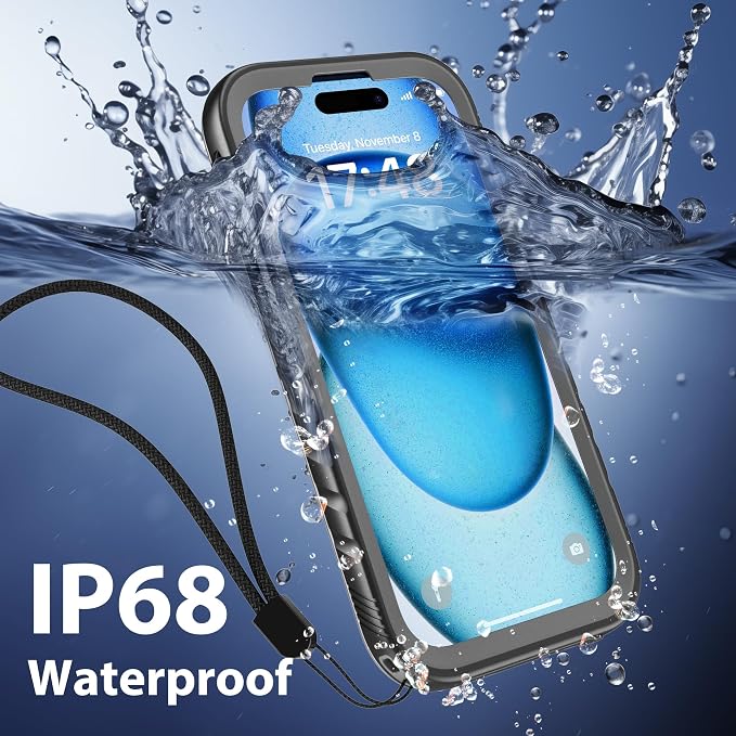 SPORTLINK for iPhone 15 Waterproof Case - Built in Screen & Camera Protector, Full Body/Military Dropproof/Dustproof/Heavy Duty, 360/IP68 Underwater for iPhone 15 Case 6.1 inch Black/Frosted Clear