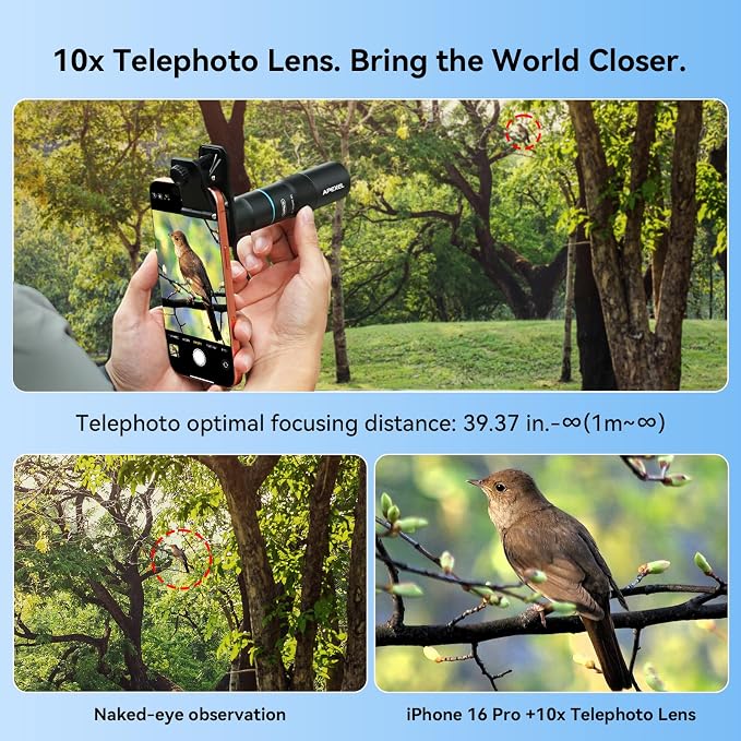 APEXEL 10X Tele-Macro Pro Dual Lens 2-in-1, Portable Clip-On Telephoto Macro Lens for 17 pro max, Pro Photography for Travel, Concert, Exploration
