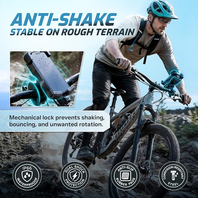Bike Phone Holder with Built in 5000 mAh Rechargable Battery - Motorcycle Mount, Handlebar Cell Phone Clamp, Scooter Clip for all 4.7 to 6.8" Phone types - iPhone 17, 16, 15 Plus, S20, Smartphones