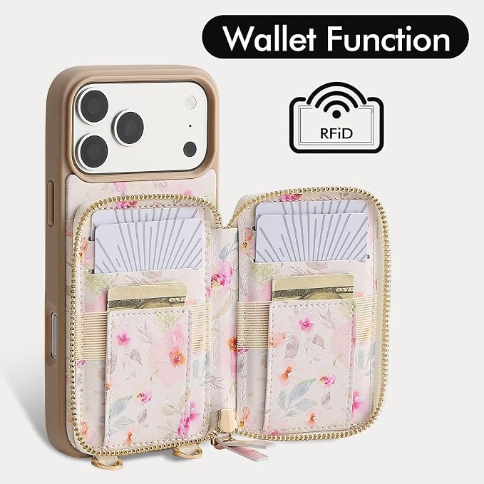 ZVE for iPhone 17 Pro Wallet Case Crossbody, Zipper Phone Cover with Chain Wrist Strap RFID Blocking for 6.3" Flower