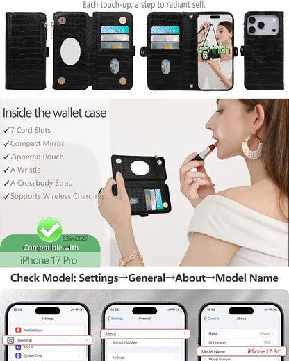 Crossbody Wallet Case for iPhone 17 Pro with Mirror, Wrist Strap, Zipper Purse Magnetic Flip, RFID Blocking Card Holder, Wireless Charging, PU Leather Shockproof 6.3" Women (Black)
