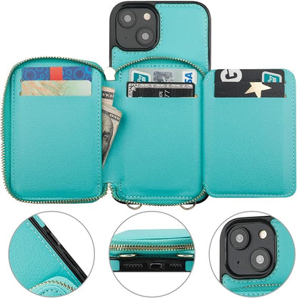 Bocasal RFID Blocking Wallet Case for iPhone 14 Plus, Adjustable Crossbody Zipper Purse Case Card Holder with Kickstand Detachable Wrist Strap, PU Leather Flip Folio Case 6.7 Inch 5G (Mint Green)