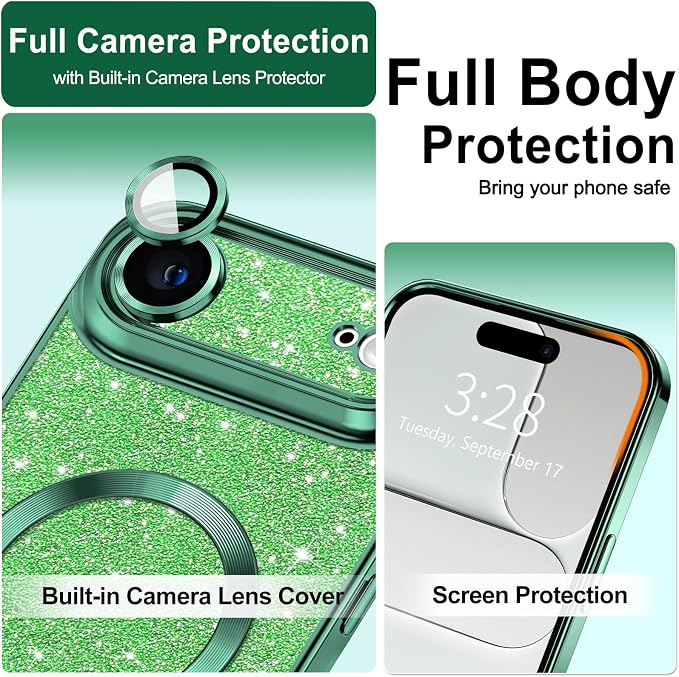 Hython for iPhone Air Case Glitter Clear Magnetic Phone Cases [Compatible with MagSafe] Full Camera Lens Protector Sparkle Luxury Plating Slim Shockproof Protective Cover Women, Green