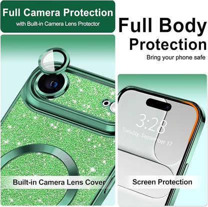 Hython for iPhone Air Case Glitter Clear Magnetic Phone Cases [Compatible with MagSafe] Full Camera Lens Protector Sparkle Luxury Plating Slim Shockproof Protective Cover Women, Green