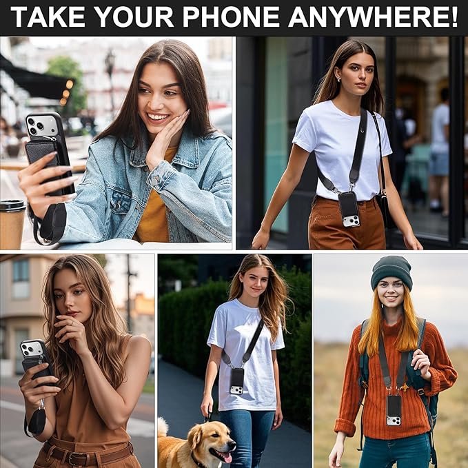 XANGNIER Wallet Case for iPhone 17 Pro with Strap, RFID Blocking PU Leather Crossbody Phone Purse with Card Holder, Zipper Pocket, Wrist Strap & Adjustable Lanyard for Women 6.3" 5G, Black