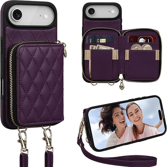 Keallce Case for iPhone Air 6.5'' Wallet Case, Crossbody Zipper Purse with Wrist Strap Lanyard Handbag, RFID Blocking Card Holders, Kickstand Flip Leather Cover for iPhone 17 Air, Darkpurple