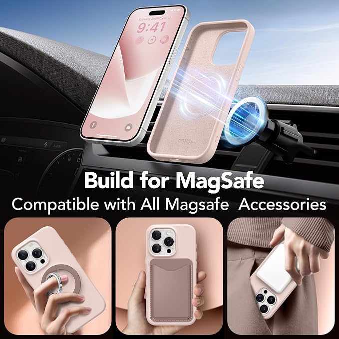 GONEZ Magnetic for iPhone 15 Pro Case, Compatible with MagSafe, [Screen Protector + Camera Lens Protector], Silicone Shockproof Anti-Scratch Protective Phone Case 6.1 inch, Pink