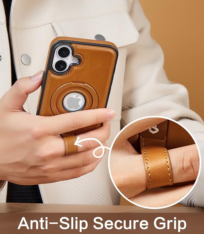 for iPhone 16 Plus Leather Case with Stand, Anti-Slip Grip Ring, Fits for MagSafe (Brown, iPhone 16 Plus)