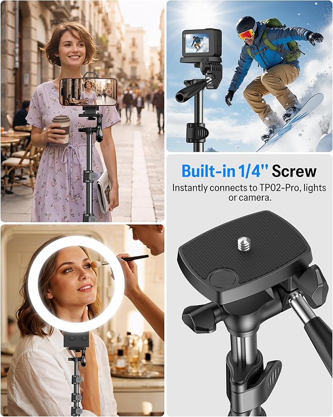 OMOTON TS01 65" Magnetic Phone Tripod for iPhone & Camera, Cell Phone Stand with Remote, Stable Height Adjustable Multi-Angle Shot Selfie Stick Tripod for Video Recording, Live Streaming, Black Set