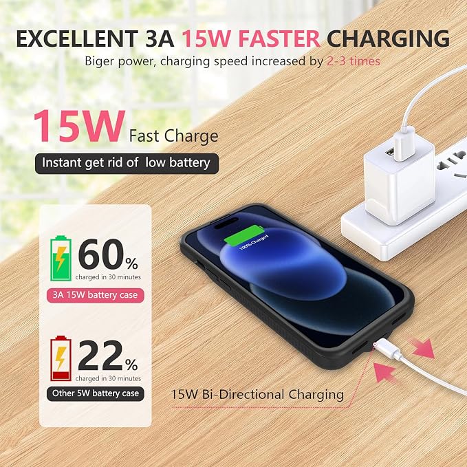 BOPPS Battery Case for iPhone 15 Pro Max /15 Plus【Support Carplay 】，Ultra Powerful 8000mAh Portable Rechargeable Protective Extended Charger Cover for iPhone 15 Plus,15 Pro Max Charging Case,Black