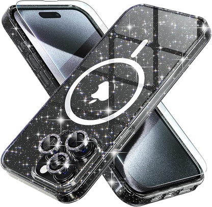 Choiche for iPhone 15 Pro Max Case Magnetic, Women Clear Glitter Bling Sparkly Case, [3xDiamond Camera Lens Protectors] [2xTempered Glass Screen Protectors] [Compatible MagSafe] (Glitter Black)