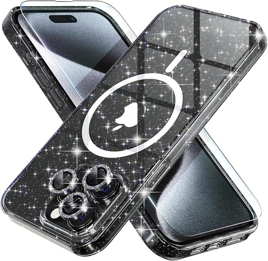 Choiche for iPhone 15 Pro Max Case Magnetic, Women Clear Glitter Bling Sparkly Case, [3xDiamond Camera Lens Protectors] [2xTempered Glass Screen Protectors] [Compatible MagSafe] (Glitter Black)
