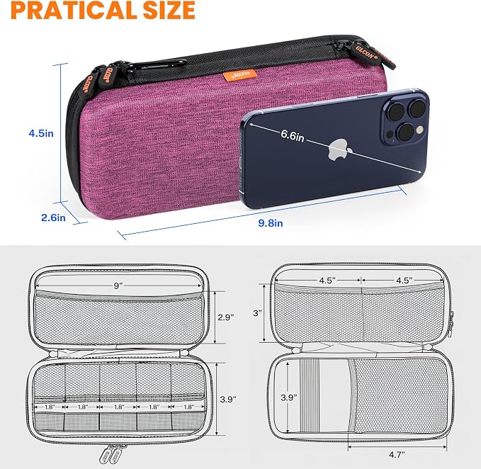 Purple Double-Layer Hard Shell Carrying Case,Travel Cable Pouch | Portable Electronic Organizer Travel Zipper Pouch,Tech Accessories Storage Bag for Charger, Adapter,Power Bank, Phone, Cable
