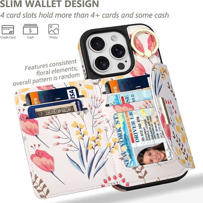 Keallce Wallet Case for iPhone 16 Pro Max 6.9'', Flip Case with Card Slots, Ring Holder Kickstand, PU Leather Protective Folio Cover for Women, Floral
