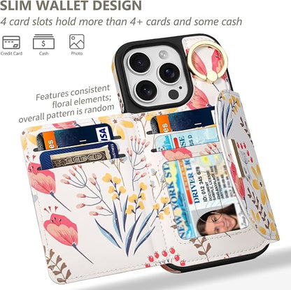 Keallce Wallet Case for iPhone 16 Pro Max 6.9'', Flip Case with Card Slots, Ring Holder Kickstand, PU Leather Protective Folio Cover for Women, Floral
