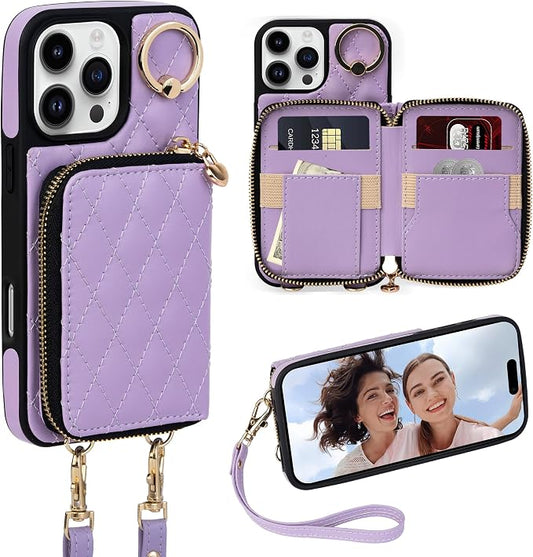 Keallce Wallet Case for iPhone 16 Pro Max 6.9'', Crossbody Zipper Purse with Wristlet for Women, RFID Blocking Card Holders, 360° Ring Kickstand Flip Leather Case for iPhone 16 Pro Max, Purple