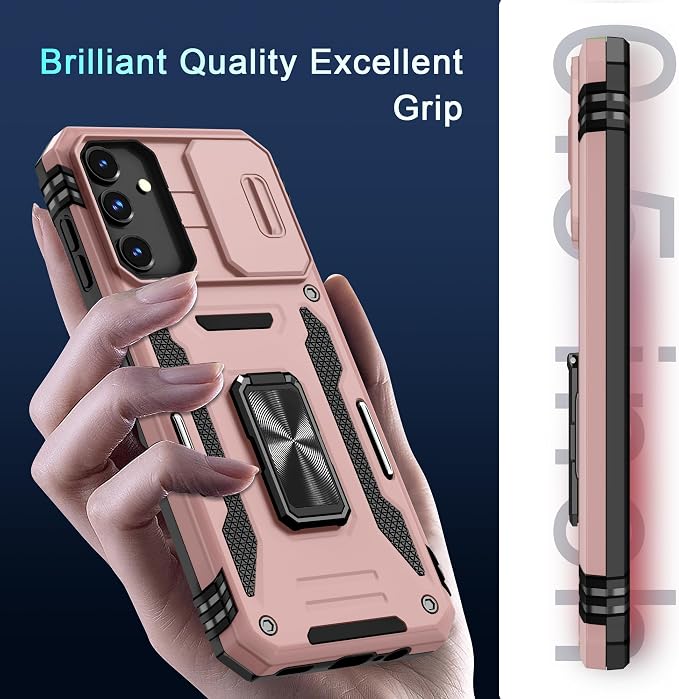 DEERLAMN Case for Samsung Galaxy A15 5G with Slide Camera Cover+Screen Protector (1 Pack), Rotated Ring Kickstand Military Grade Shockproof Protective Cover-Rose Gold