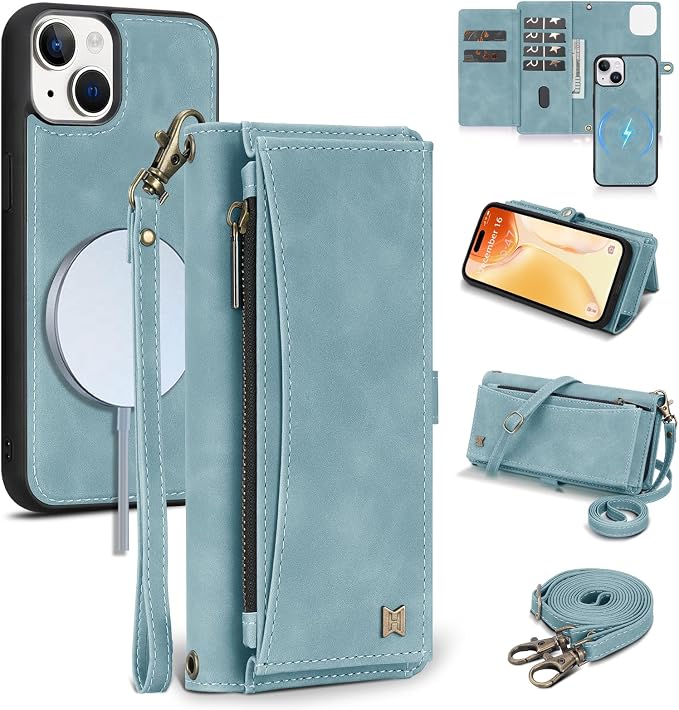 Wallet Case for iPhone 15 with Card Holder/Crossbody Wallet/Strap| RFID Blocking | Magnetic | Kickstand | Detachable | PU Leather Phone Case for iPhone 15,6.1 in,Blue