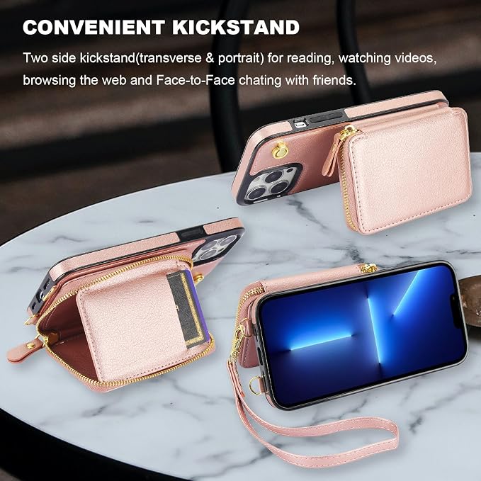 Bocasal for MagSafe Crossbody Wallet Case Compatible with iPhone 13 Pro Max, RFID Blocking Protective Purse Case with Card Slots Holder Kickstand Wrist Strap Lanyard Zipper 6.7 Inch 5G (Rose Gold)
