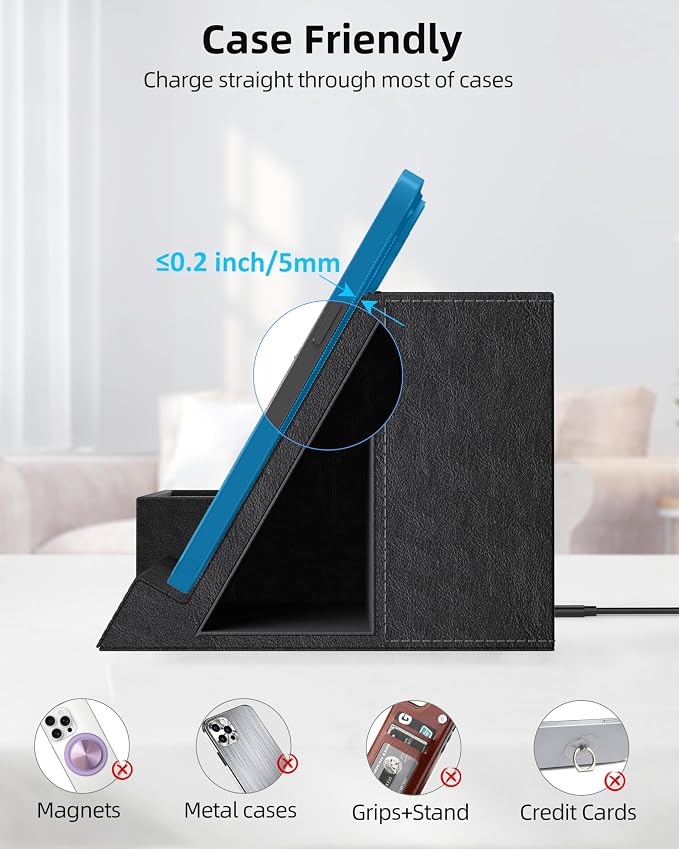 Wireless Charger with Desk Organizer, Pen Pencil Holder, Multifunctional Desktop Organizer, Office Supplies and Desk Accessories Organizer with 3 Compartments and 1 Phone Stand, PU Black