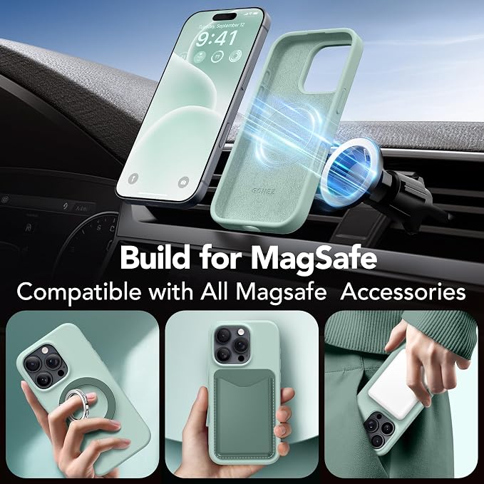 GONEZ Magnetic for iPhone 16 Pro Case, Compatible with MagSafe, [Screen Protector + Camera Lens Protector], Silicone Shockproof Anti-Scratch Protective Phone Case 6.3 inch, Mint Green