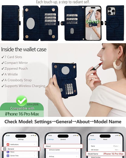 Crossbody Wallet Case for iPhone 16 Pro Max with Mirror, Wrist Strap, Zipper Purse Magnetic Flip RFID Blocking Card Holder, Wireless Charging, PU Leather Shockproof 6.9" Women (Navy Blue)