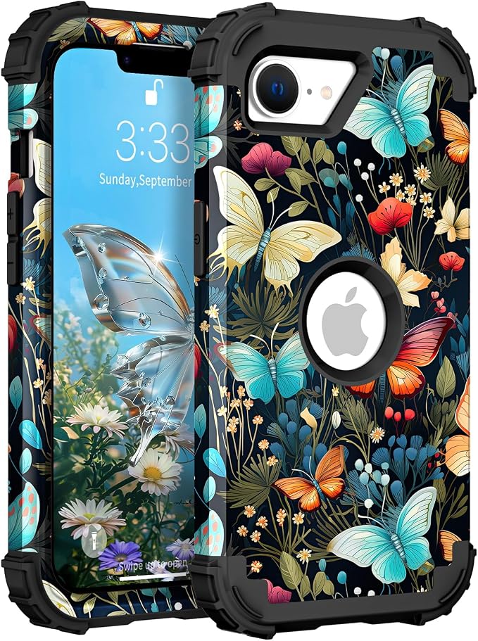 Hocase for iPhone 17e/iPhone 16e Case, Heavy Duty Shockproof Protection Hard Plastic+Silicone Rubber Hybrid Protective Phone Case for iPhone 17e/16e 6.1" - Butterflies in Garden